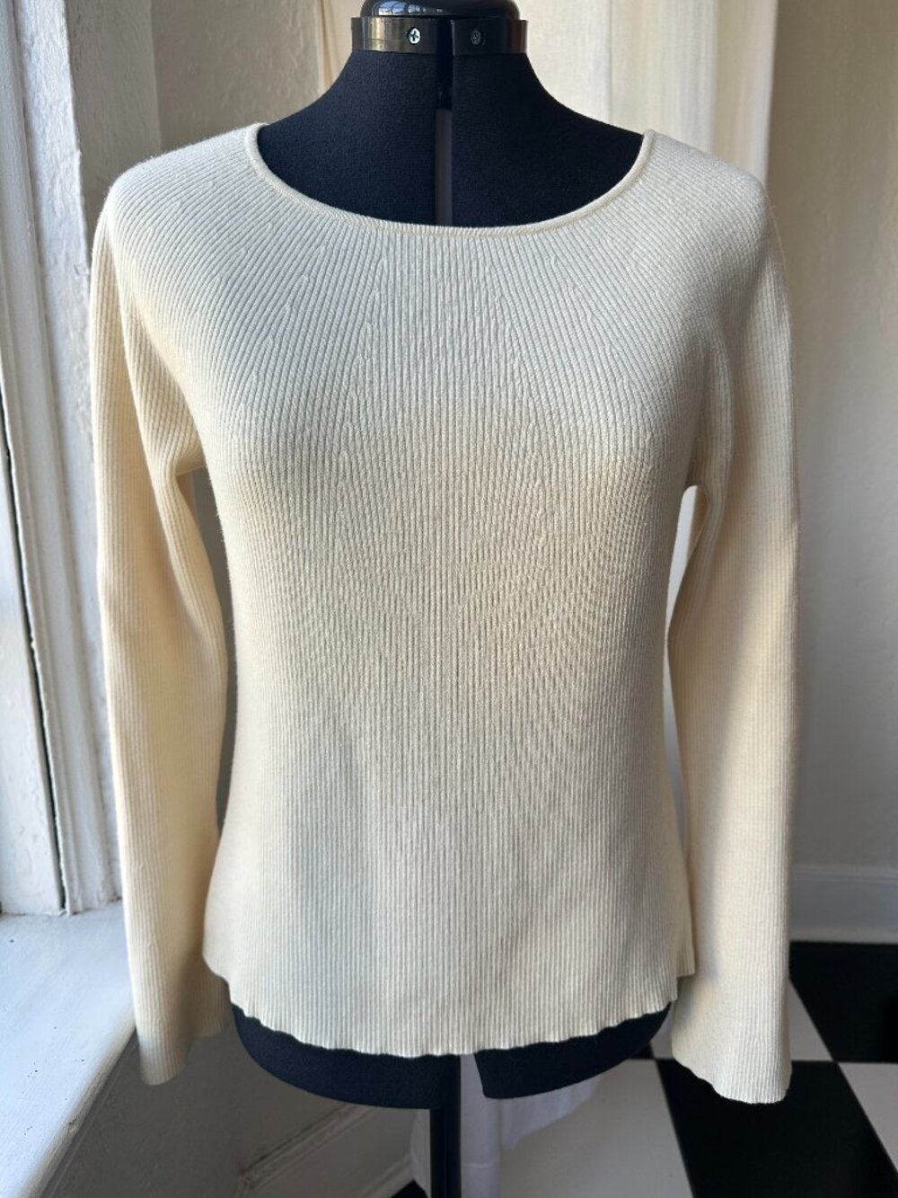 Ivory Merino Wool Blend Sweater Long Sleeve Minimalist Top M-L